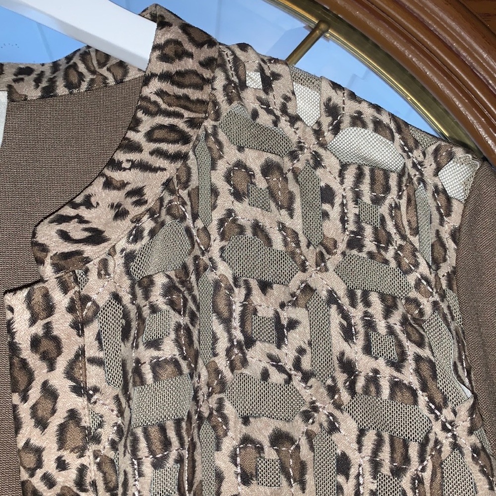 CHICO’s Taupe Leopard Print Mesh Inset Open Front Duster Cardigan - Picture 8 of 16